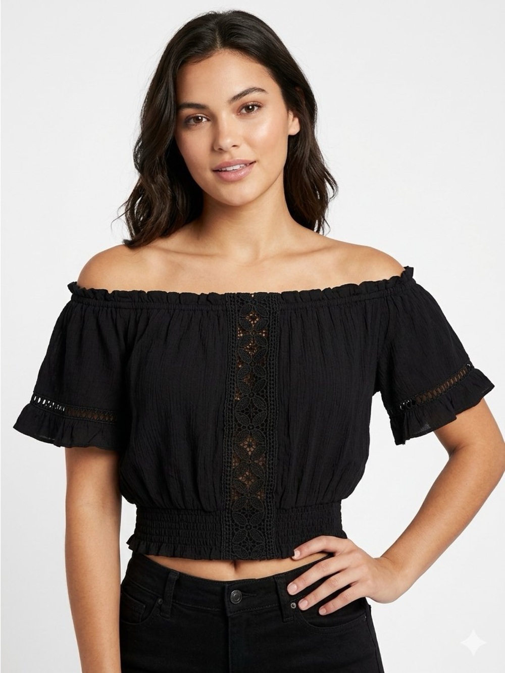 Be Black Boho Off-The-Shoulder Crop Top Sz: Large Smocked Floral Lace Whimsigoth